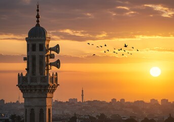 Majestic Mosque Minaret at Sunset with Flocking Birds