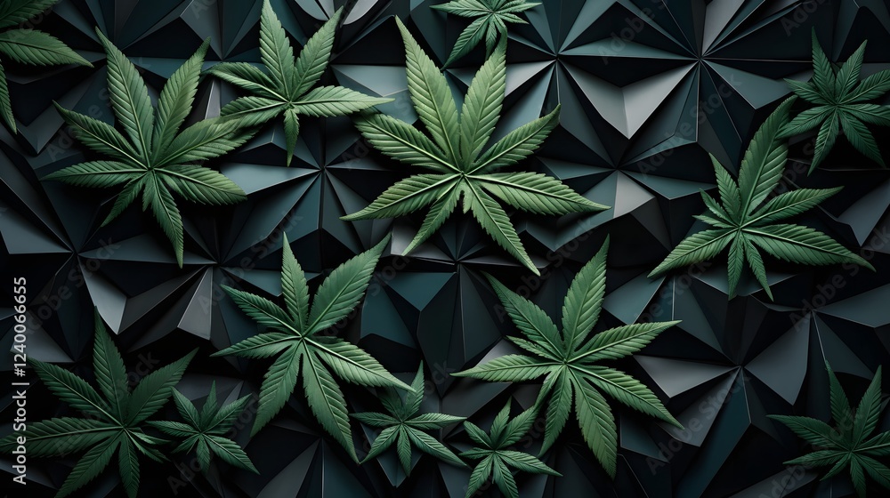 Poster geometric and abstract composition created with cannabis leaves forming a repeating symmetrical patt