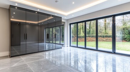 Modern Interior Design: Sleek Wardrobe and Expansive Garden View