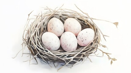 Obraz premium Five speckled eggs rest in a birds nest