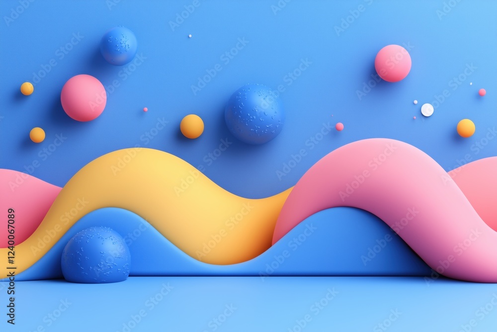 Poster a vibrant abstract scene featuring colorful wavy shapes in pink, yellow, and blue, complemented by f