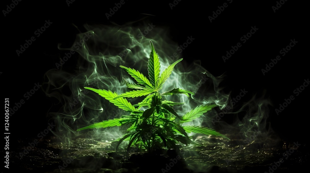 Aufkleber ethereal smoke patterns gracefully enveloping an organic cannabis leaf in a dark moody studio settin