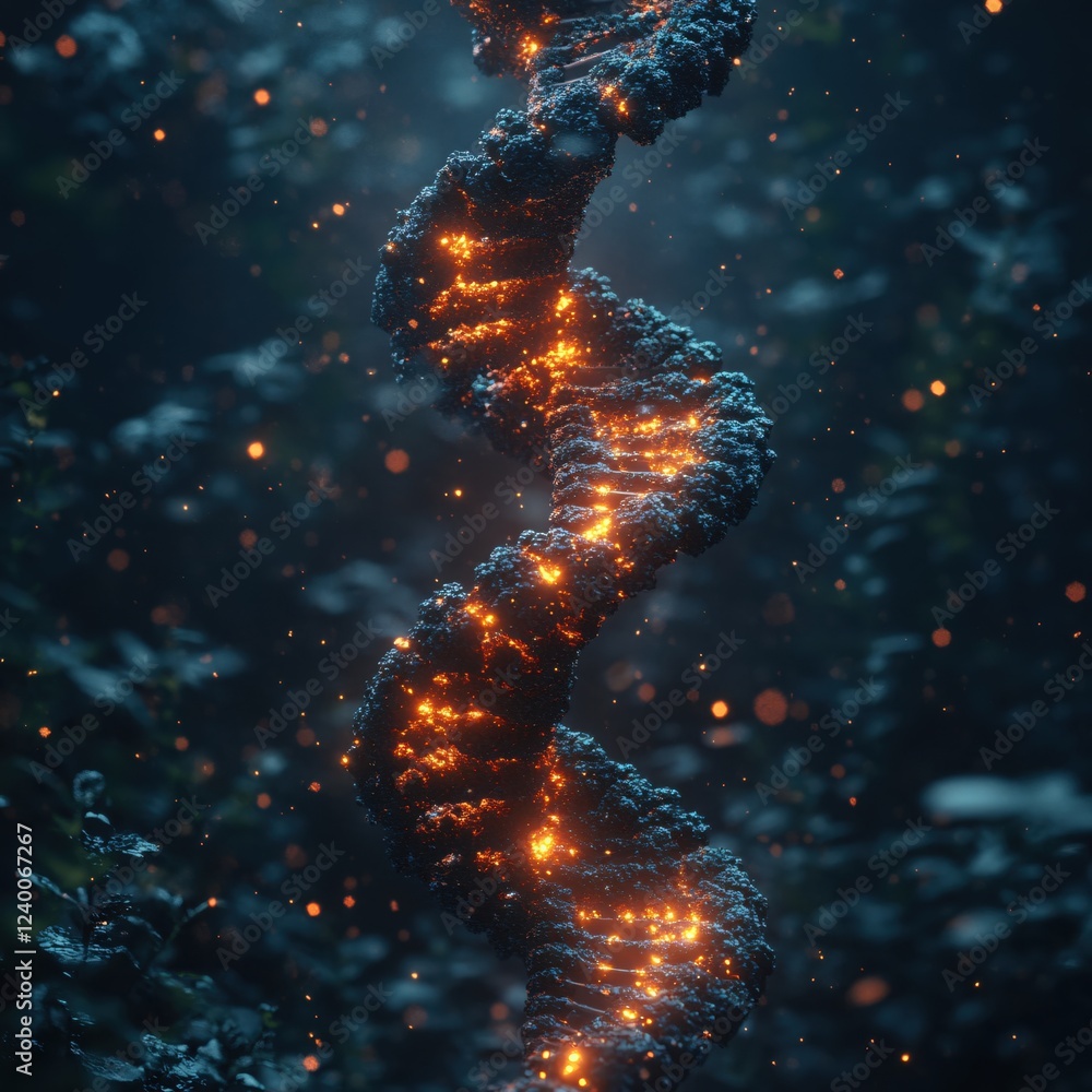 Poster glowing dna helix structure in dark forest with bokeh lights creating a mystical atmosphere