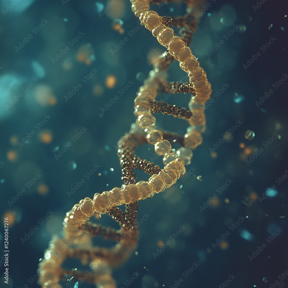 Poster abstract golden dna helix strand on dark blue background with bokeh effect and soft light