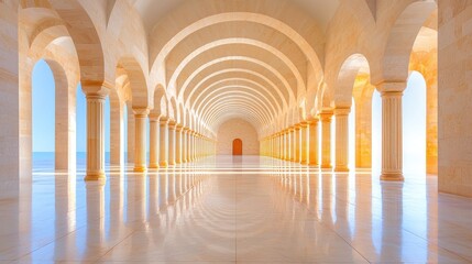 Coastal Colonnade Sunlit arches, ocean view, tranquil space