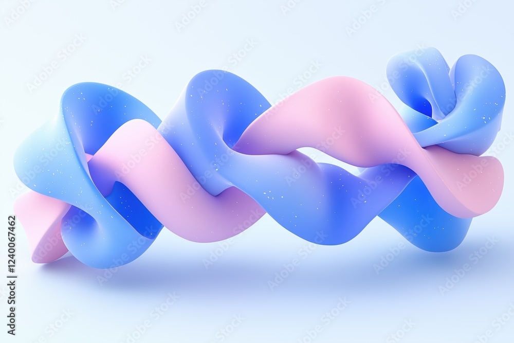 Poster a colorful, abstract 3d sculpture featuring intertwined ribbons in soft pink and blue hues, creating