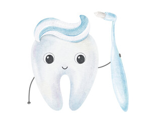 Happy Tooth Character, blue single sulcular toothbrush and toothpaste. Isolated hand drawn watercolor kids illustration for pediatric dentistry, Oral hygiene, products of dental health care