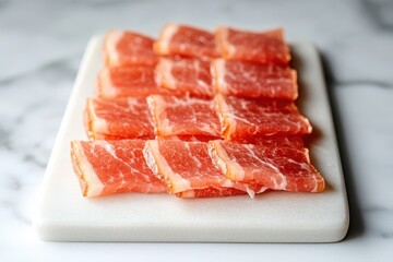Freshly Sliced Premium Meat Arranged Neatly on a White Cutting Board for Culinary Use