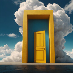3d yellow background with door, ladder and white clouds flying out. modern minimal concept, Door to the sky, Ai generated 
