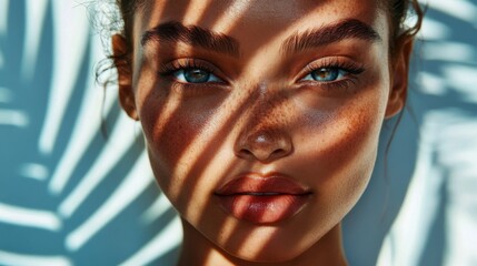 Closeup Portrait of a Woman with Freckles in Sunlight