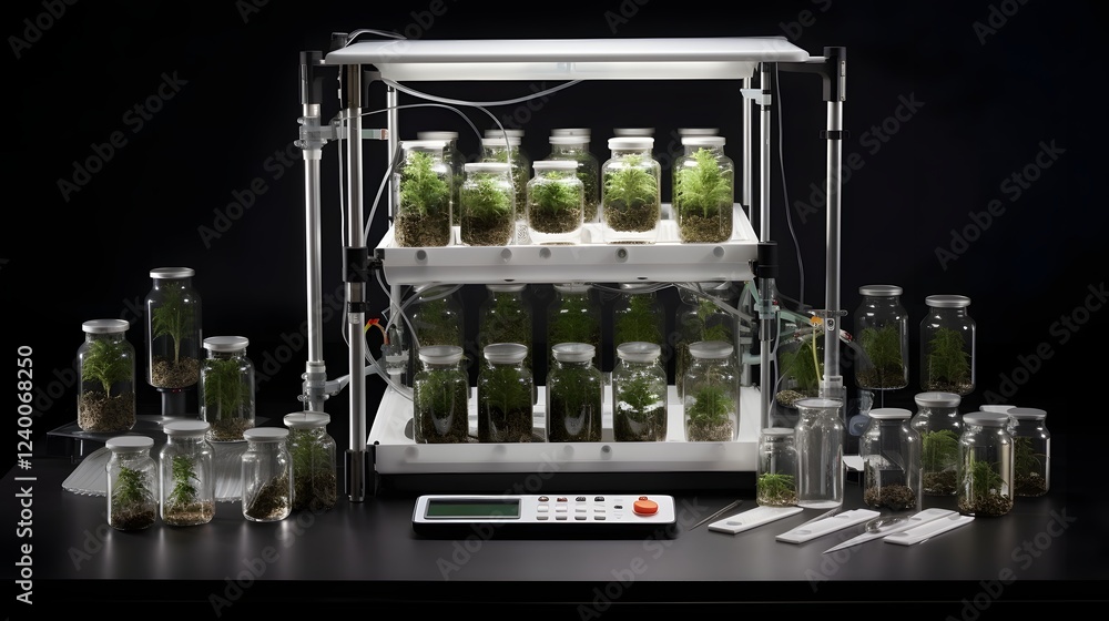 Poster a modern laboratory setup featuring various scientific equipment and tools used for the testing and 