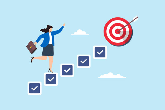 Flat illustration of smart businesswoman walk up checklist staircase to achieve bullseye target symbolizing personal development for career success