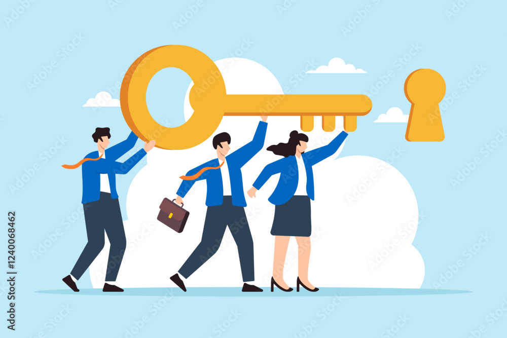 Poster flat illustration of business team help carry golden key and push into keyhole symbolizing teamwork 