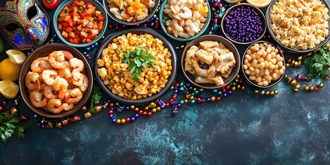 Table with many bowls of food, including shrimp, beans, and rice