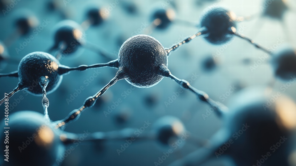 Poster abstract 3d rendering of a molecule with metallic spheres and glowing