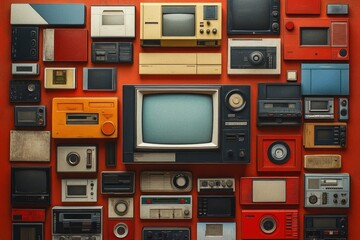 Obraz premium Vintage Retro Technology Collage Classic TV Telephone Cassette Player Pop Art Nostalgia