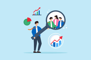 Flat illustration of businessman examine large magnifier over customer group symbolizing research for marketing insight