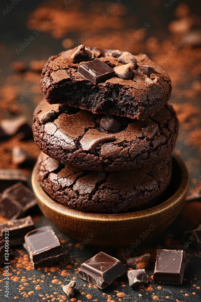 Aufkleber stack of delicious chocolate cookies with broken piece and chocolate chunks on dark background