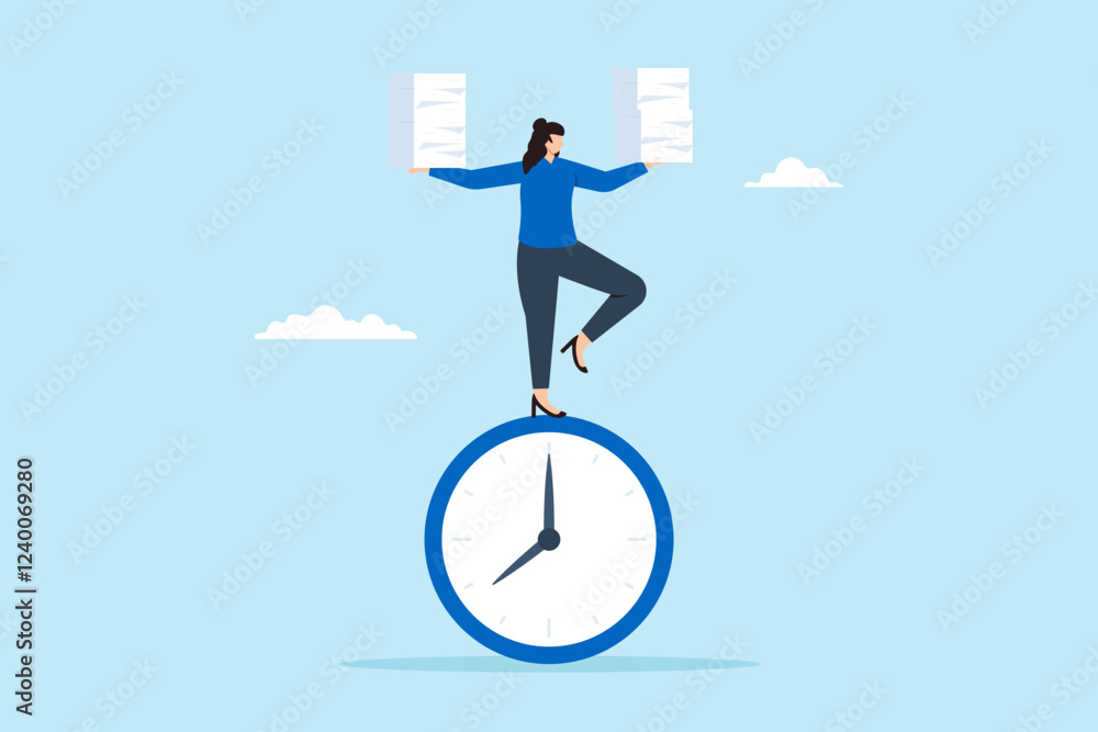 Poster flat illustration of productive woman balance on clock while managing task paper stack symbolizing t