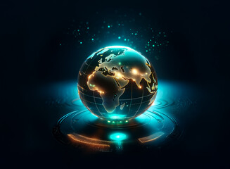 A futuristic, glowing Earth model hovers above a reflective surface, radiating energy and digital particles.  Its continents are highlighted in gold, emphasizing global connectivity.