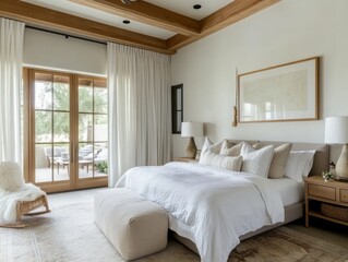 Luxurious Bedroom Design with White Bedding and Wooden Beams
