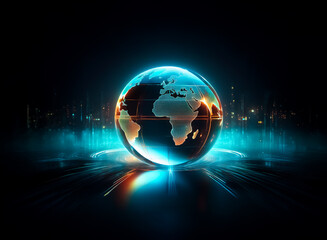 A glowing glass Earth sphere rests on a dark, reflective surface, surrounded by a vibrant, futuristic cityscape backdrop.  The image symbolizes global connection and technological advancement.