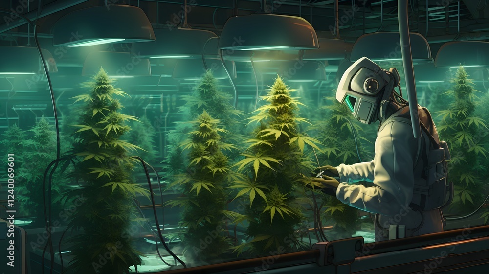 Poster futuristic depiction of cannabis cultivation using advanced technology automation and smart systems 