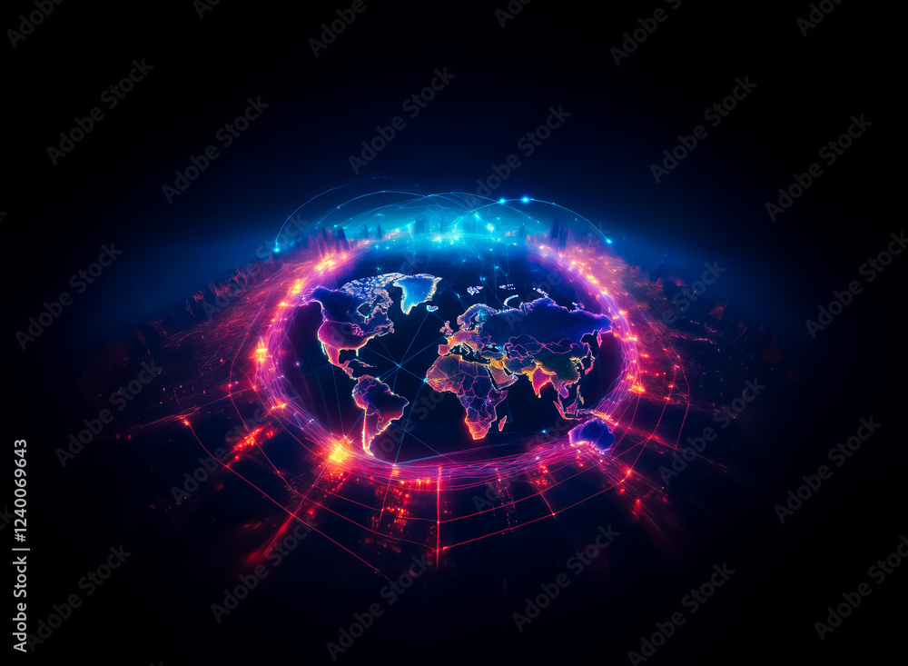 Poster a vibrant, glowing digital world map encircled by a network of interconnected nodes, pulsating with 