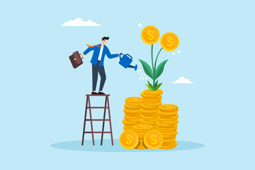 Flat illustration of businessman watering stack of coin growing money plant symbolizing mutual fund and wealth investment