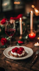Romantic candlelight dinner setup with red roses, wine, and a heart-shaped dessert. 