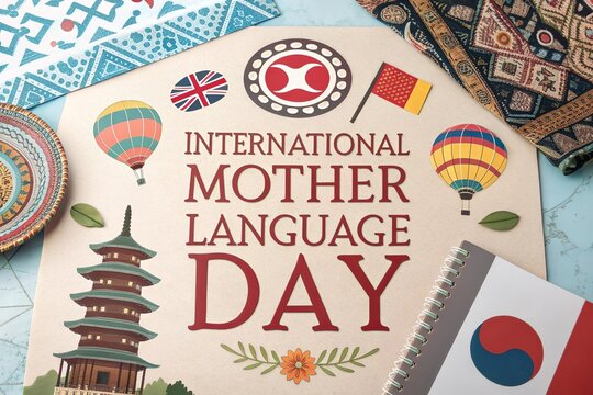 A cultural collage for International Mother Language Day emphasizing unity.