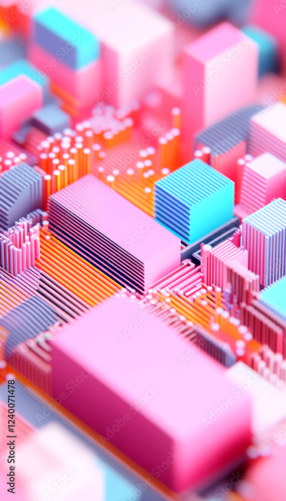 Poster colorful circuit board with abstract geometric shapes and patterns.
