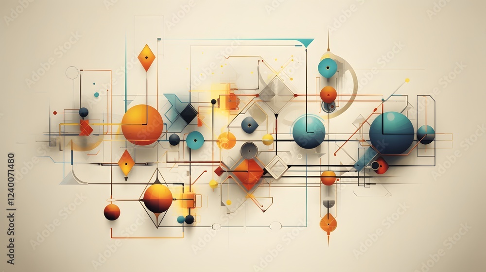 Poster creative depicting abstract geometric shapes and forms that represent the strategic connections rela