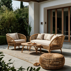 A collection set of outdoor garden rattan straw couches, armchairs, and double-seat sofas, all cut out on a transparent background. The furniture pieces should be designed with detailed.