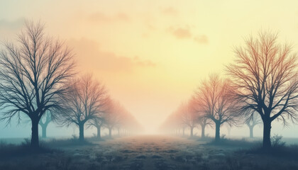 Fototapeta premium Leafless Orchard Alley in Winter at Dawn