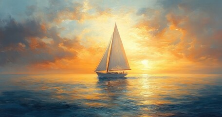 Fototapeta premium Impressionist Seascape with Sailboat on Calm Waters