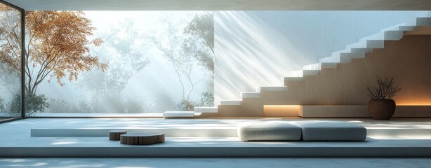 White Geometric Shapes Layered Background Minimalist Modernism Soft Lighting Tranquil Atmosphere