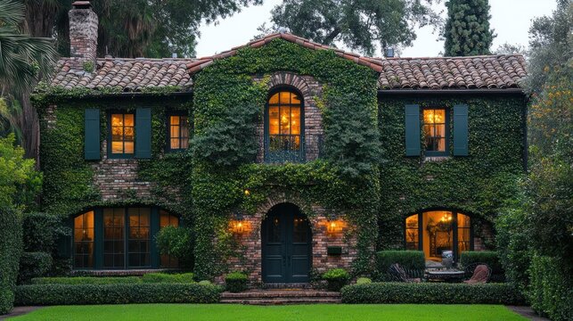 Ivy-covered stone house at dusk.