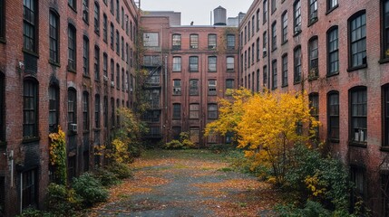 Fototapeta premium Overgrown courtyard between abandoned brick buildings.