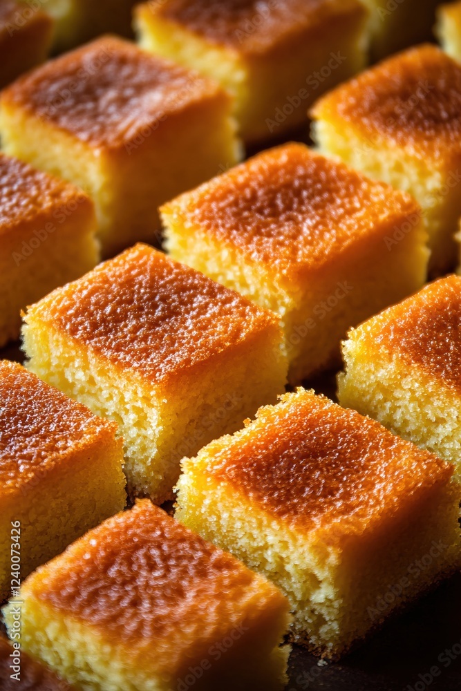 Poster golden brown cake squares arranged in a grid pattern with a warm and inviting baked texture