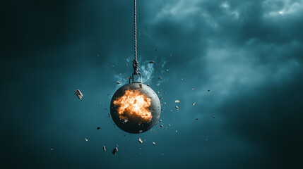 Wrecking Ball Impact: A dramatic image of a fiery wrecking ball smashing into the frame, creating a powerful visual metaphor for destruction, chaos, and overcoming obstacles.