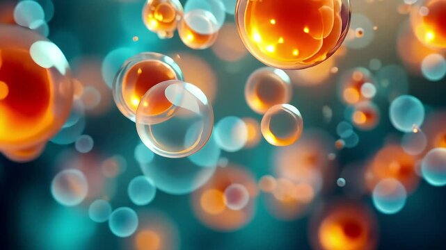 Dynamic orange bubbles floating in blue aqua background - abstract movement and gradient effects in motion