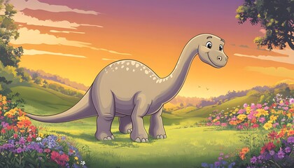 Obraz premium Happy Dinosaur in a Sunset Meadow