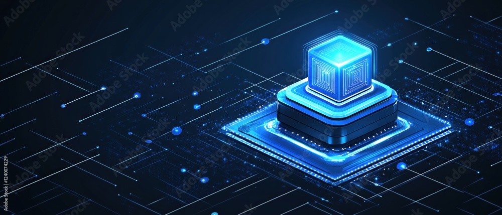Poster futuristic glowing blue cube on platform with digital circuit lines in dark space