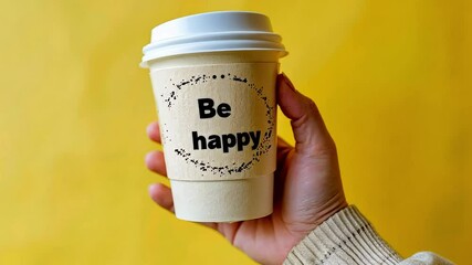Hand holding "be happy" coffee cup against yellow background: inspiring positivity through simple daily rituals