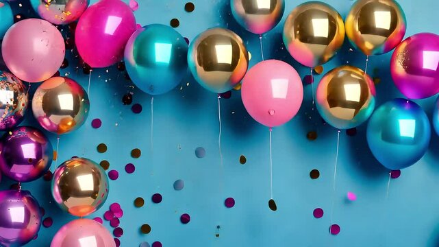 Vibrant celebration: floating balloons and falling confetti on a blue backdrop