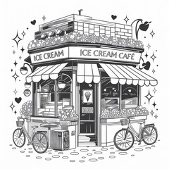 A quaint urban ice cream café with flower pots, bicycles parked nearby, and magical touches like hearts and stars in the sky black on white Kawaii style