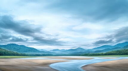 Tranquil River and Mountain Landscape in Soft Lighting