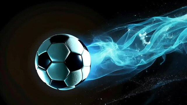 Dynamic soccer ball in motion with vibrant blue energy trail - energetic sports video stock footage