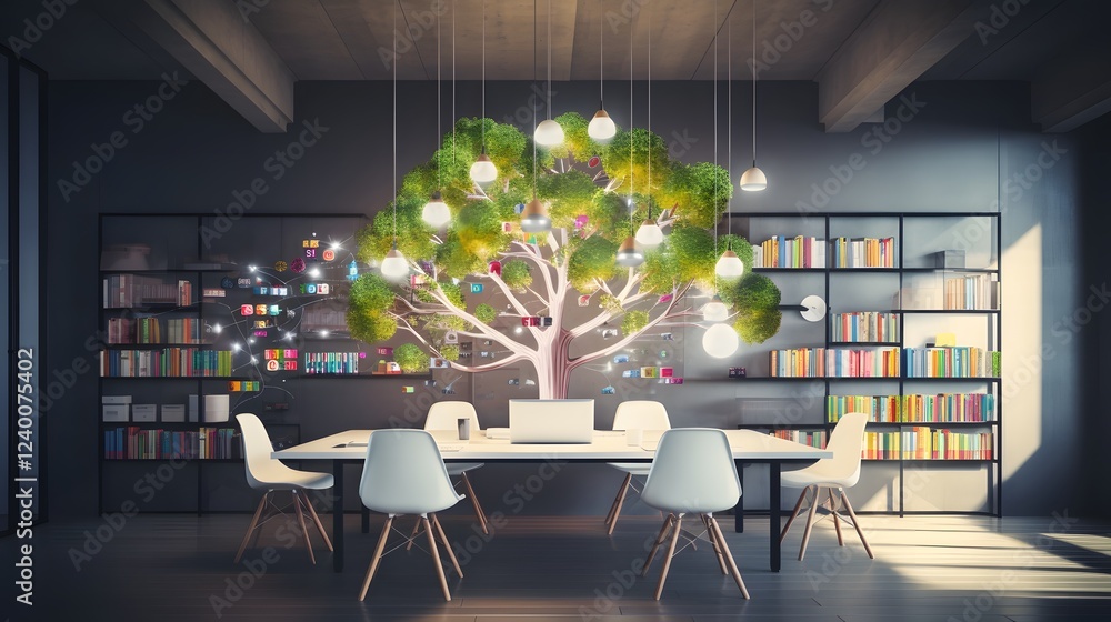 Poster conceptual image of a modern creative workspace featuring mind maps digital tablets and other techno